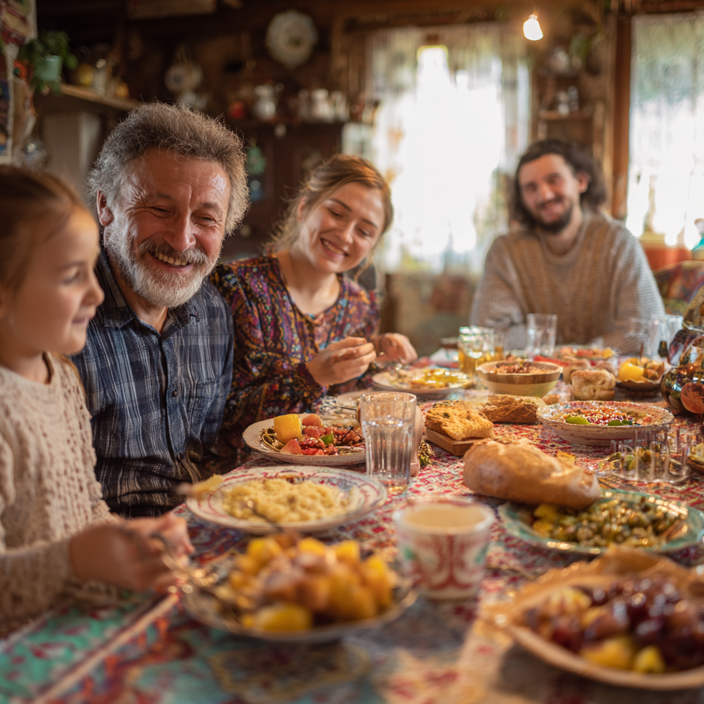 Happy Ukrainian family of different ages enjoying healthy meal together at dining table, demonstrating balanced nutrition habits