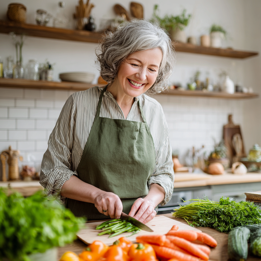 Cheerful elderly Ukrainian couple drinking water and preparing fresh vegetables in bright kitchen, showing importance of hydration and healthy eating